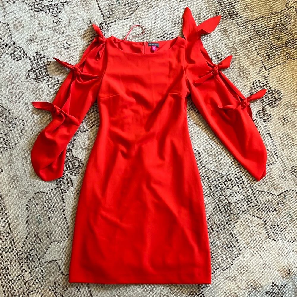 Red Vince Camuto dress with knotted open sleeves